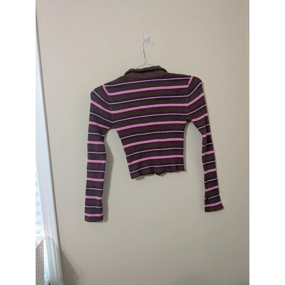 Y2K Brown & Pink Striped Ribbed Knit Polo Cardigan Crop Top